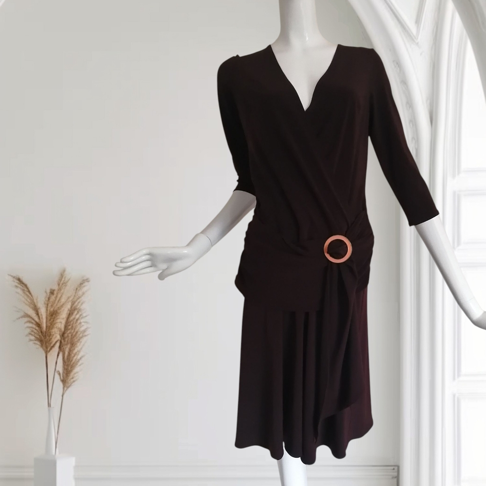 Laundry By Shelli Segal Elegant Black Midi Dress with Copper Ring